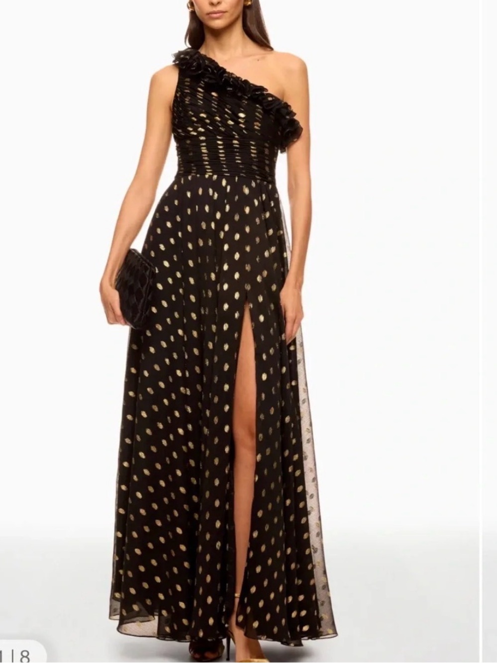 .Mac Duggal Black Gold One- Shoulder Ruffle Chiffon Gown | 10